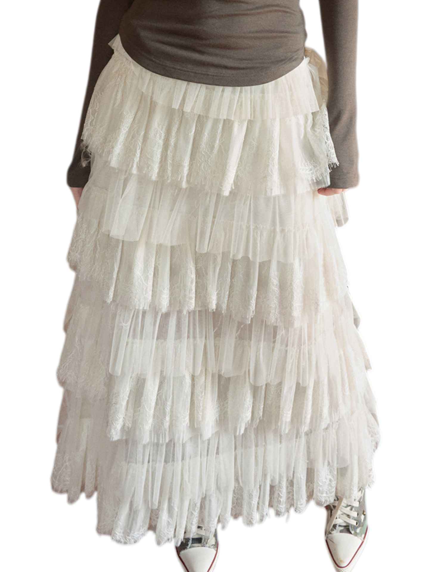 French Lace Layered Tulle Midi Skirt