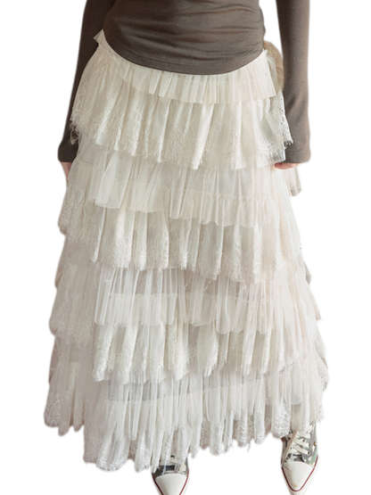 French Lace Layered Tulle Midi Skirt