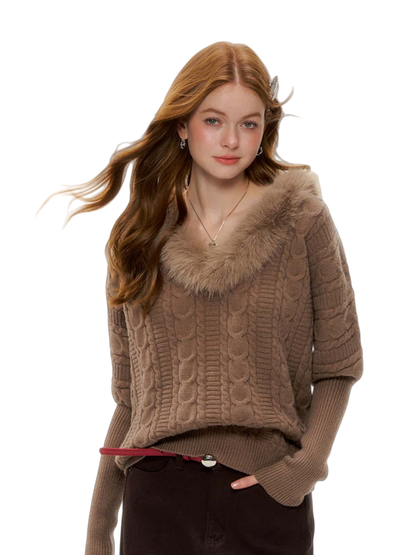 Cable-Knit V-Neck Waist-Shaping Sweater
