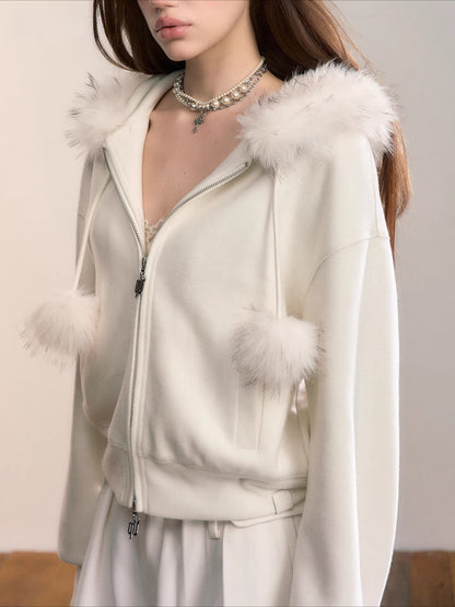 Faux Fur Collar Wool-Blend Fleece Jacket