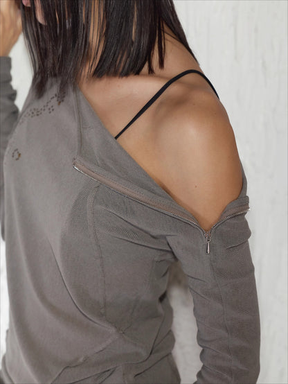 Rhinestone Frayed-Edge Knit T-Shirt