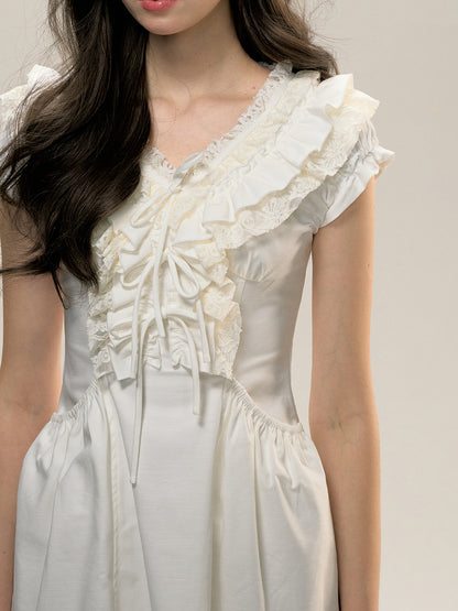 White V-neck Sleeveless Ruffled Lace Bow Dress