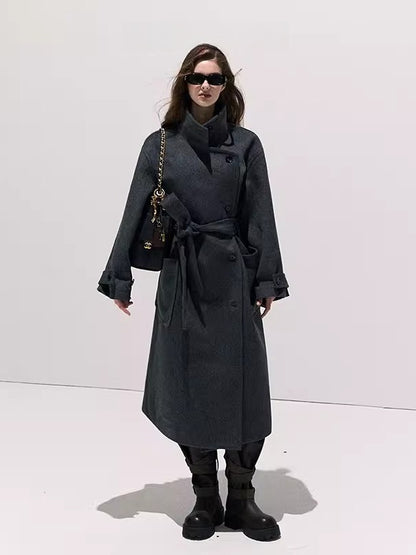 Waist-Defining Silhouette Stand-Collar Wool Coat