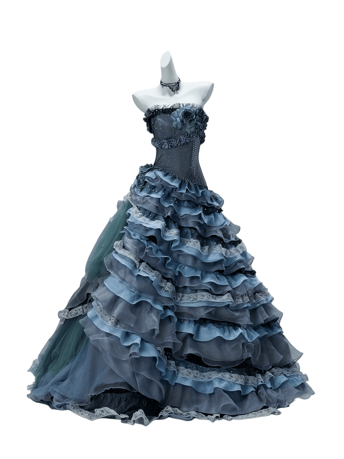 Nightscape Ruffled Tulle Gown with Floral Embellishments