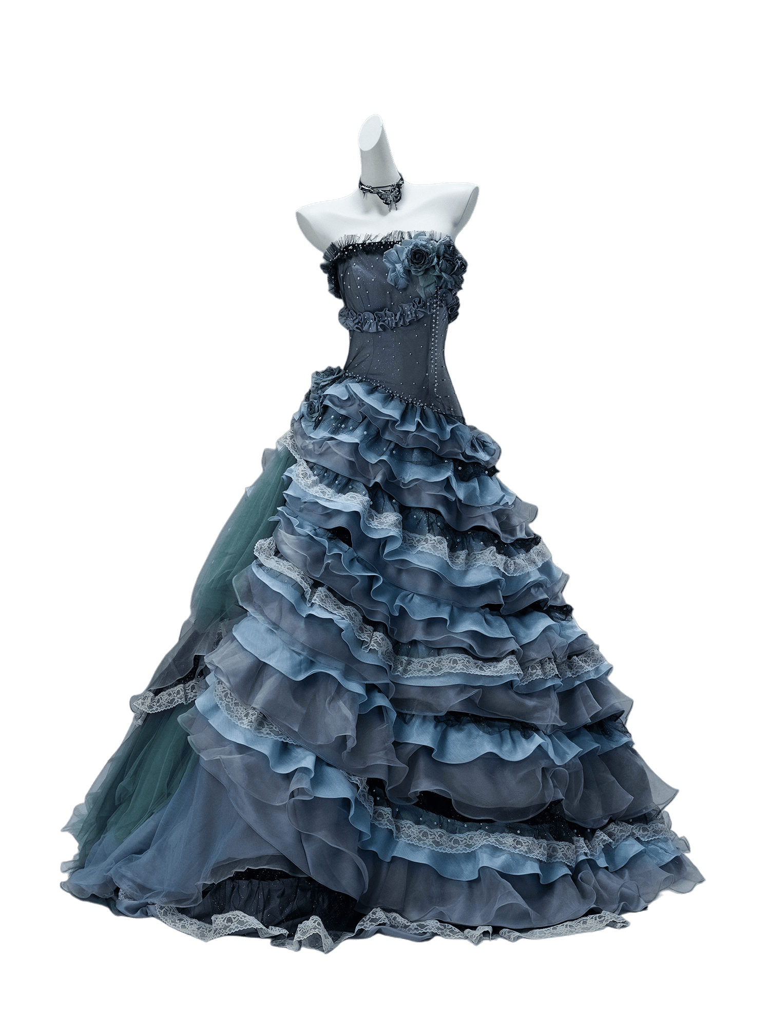 Nightscape Ruffled Tulle Gown with Floral Embellishments