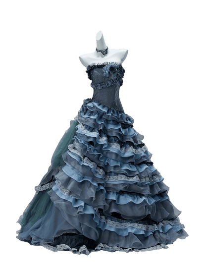 Nightscape Ruffled Tulle Gown with Floral Embellishments