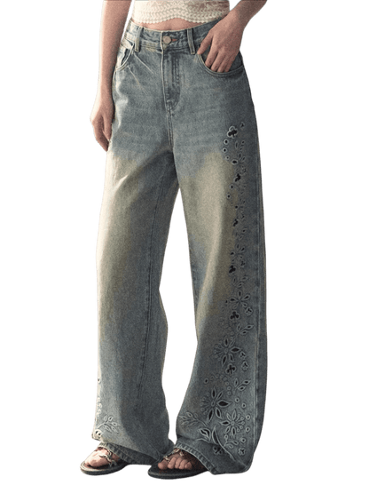 Washed Straight-Leg Wide Denim Pants