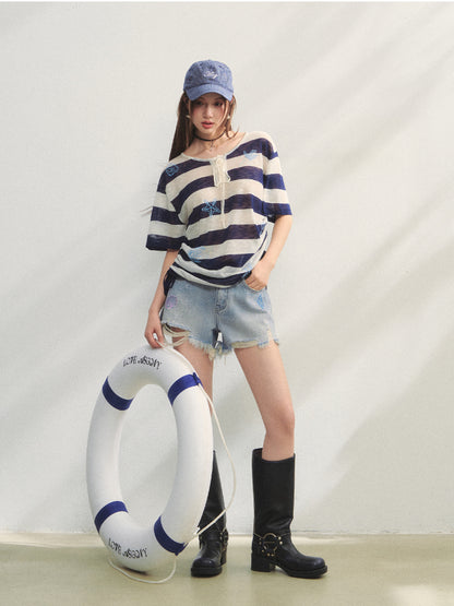 Striped Embroidery Drawstring Tie T-Shirt