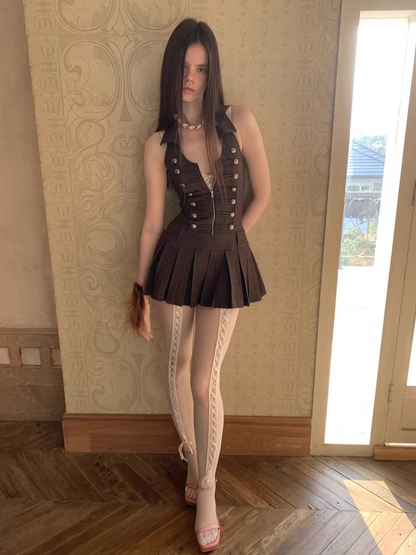 Court-Style Double-Breasted Open-Back Pleated Dress