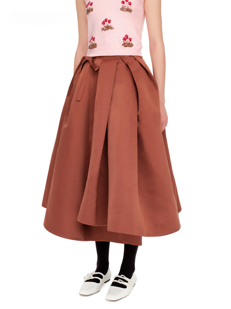 Chestnut Brown &amp; Black Pleated Midi Skirt