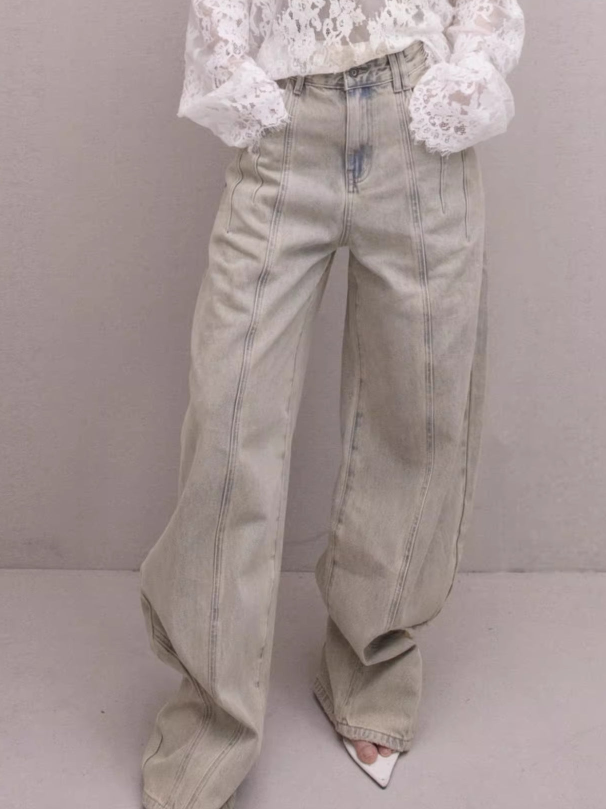 Washed Wide-Leg Denim Pants