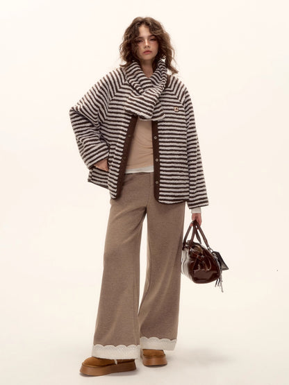 Embroidered Hem Wool Blend Wide-Leg Trousers