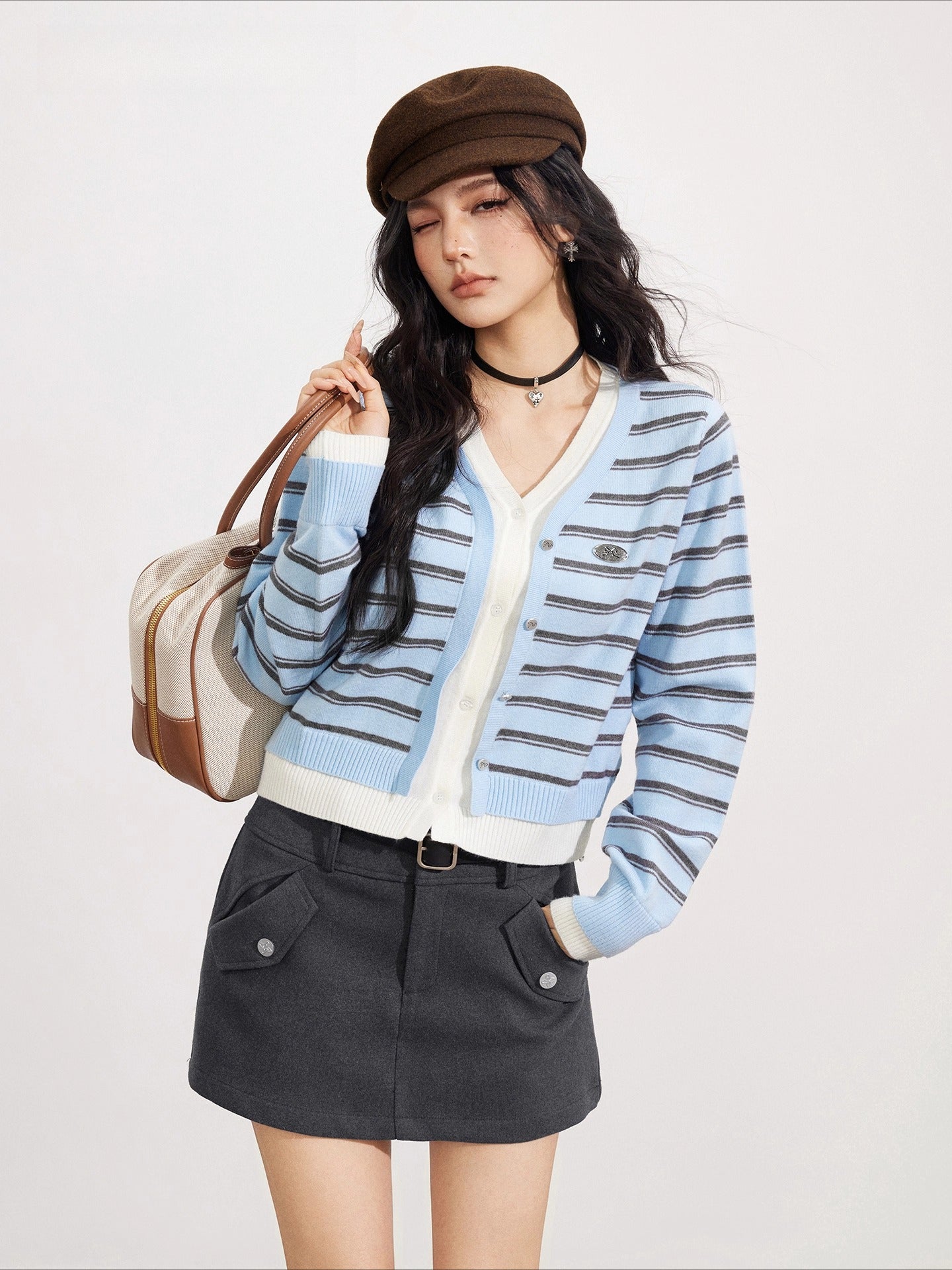 Striped Layered-Effect V-Neck Knit Cardigan