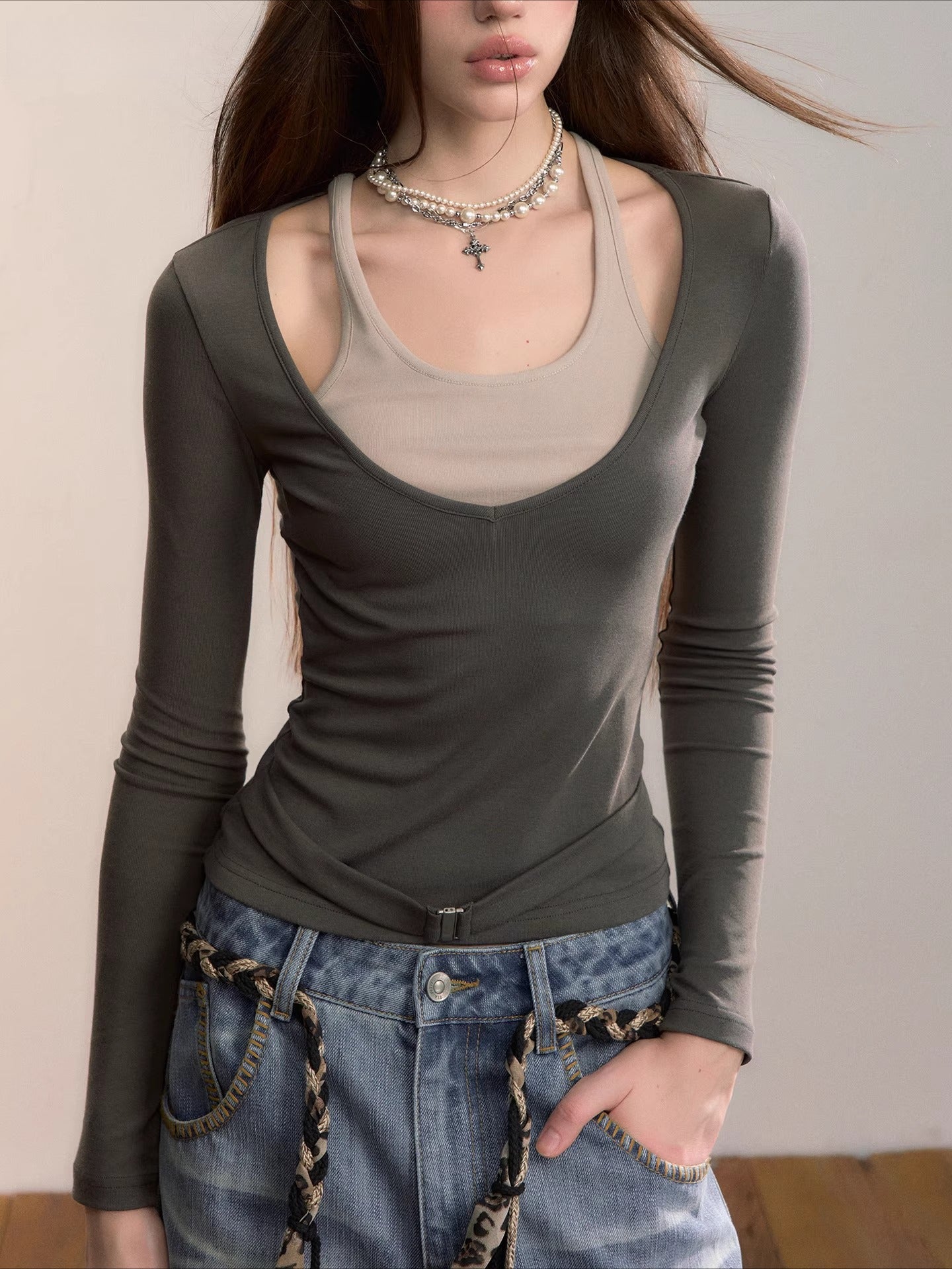 Belted Contrast Panel Knit Layered T-Shirt