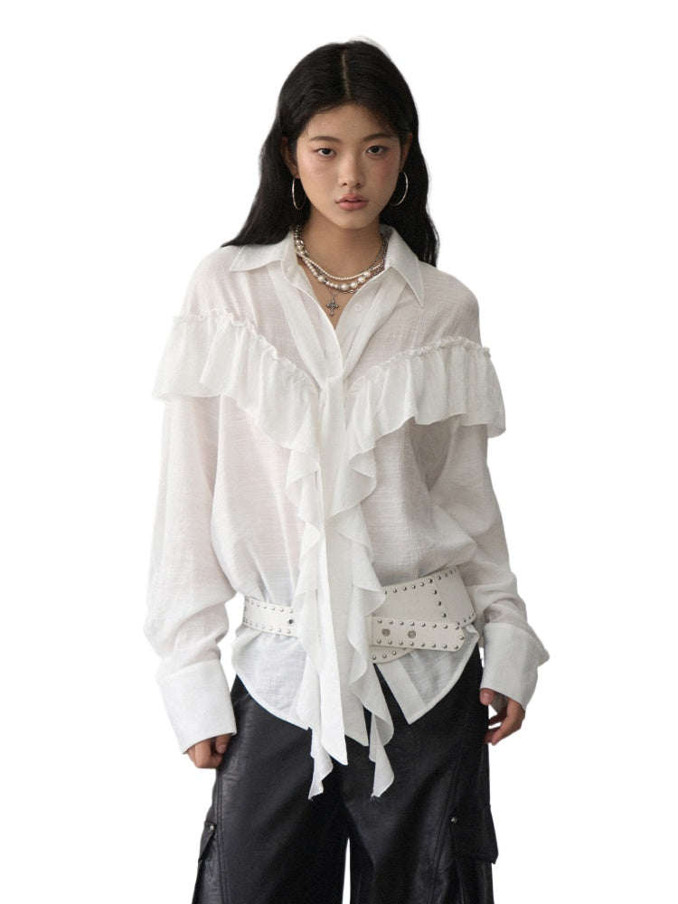 White Ruffled Drawstring Long-Sleeve Shirt - CHINASQUAD