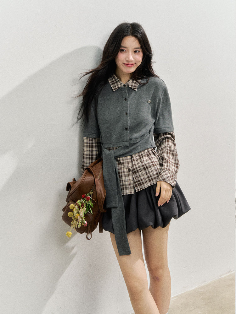 College Plaid Fake Two-piece Shirt - CHINASQUAD