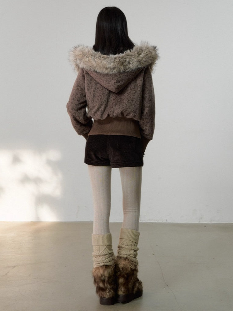 Vintage Leopard Print Faux Fur Hooded Jacket