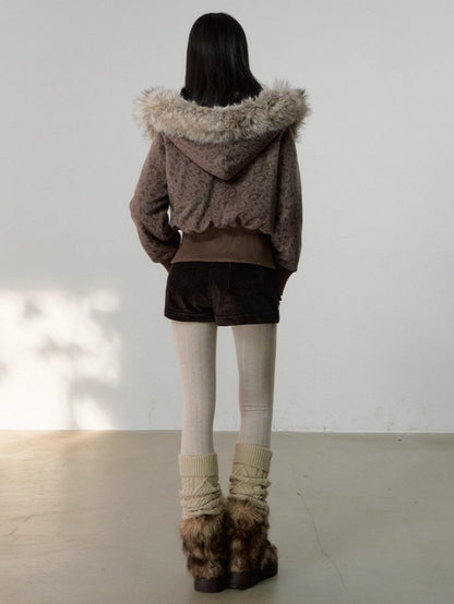Vintage Leopard Print Faux Fur Hooded Jacket