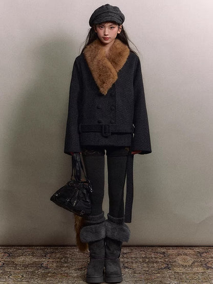 Fur-Collar Double-Breasted Wool Jacket
