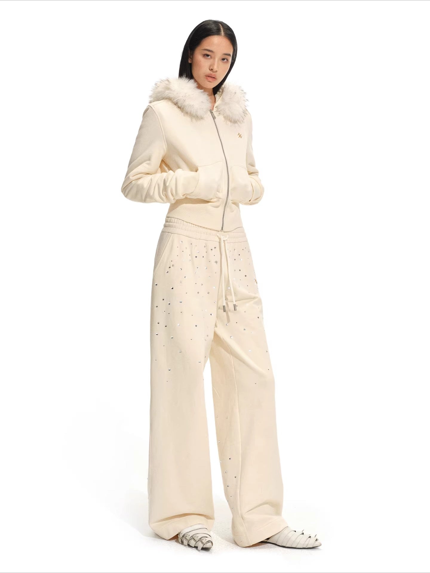 Gradient Rhinestone Cotton Knit Wide-Leg Pants