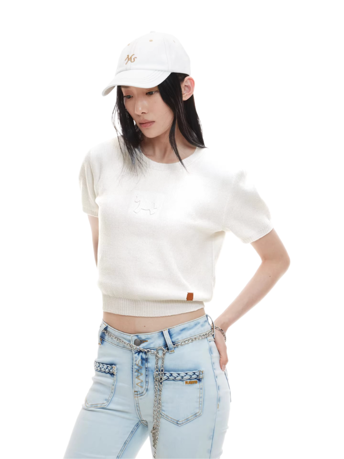 Embossed Logo Cropped Knit Tee