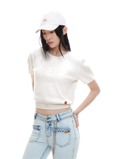 Embossed Logo Cropped Knit Tee