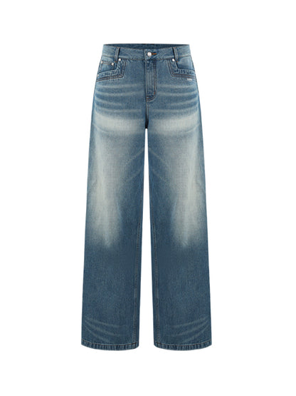 Water-Washed Low-Waist Loose Straight-Leg Pants