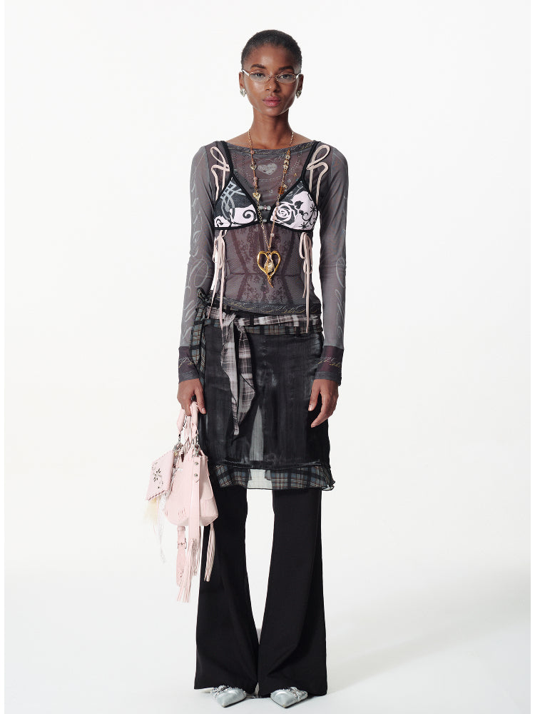 Contrast Plaid Ribbon-pieced Ruffled Skort