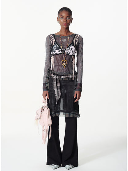 Contrast Plaid Ribbon-pieced Ruffled Skort