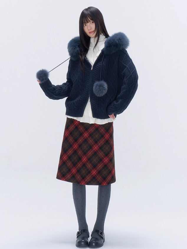 Vintage Plaid Wool-Blend Midi Skirt