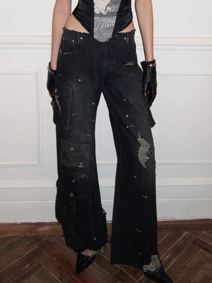 Vintage Multi-Pocket Washed Denim Cargo Pants
