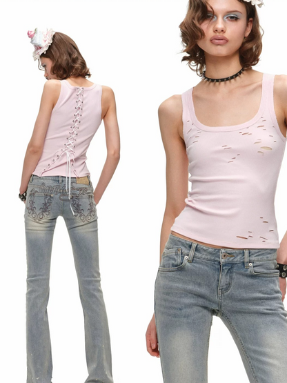 Vintage Ink-Splatter Embroidered Low-Rise Flared Jeans 1Jinn Studio
