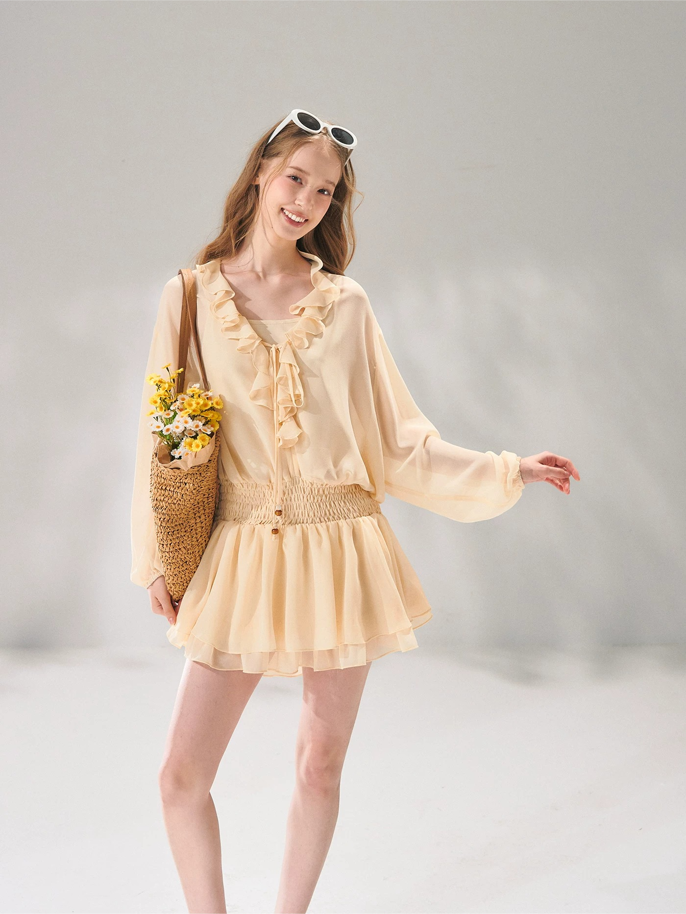Beaded Ruffle-Trim Chiffon Mini Dress
