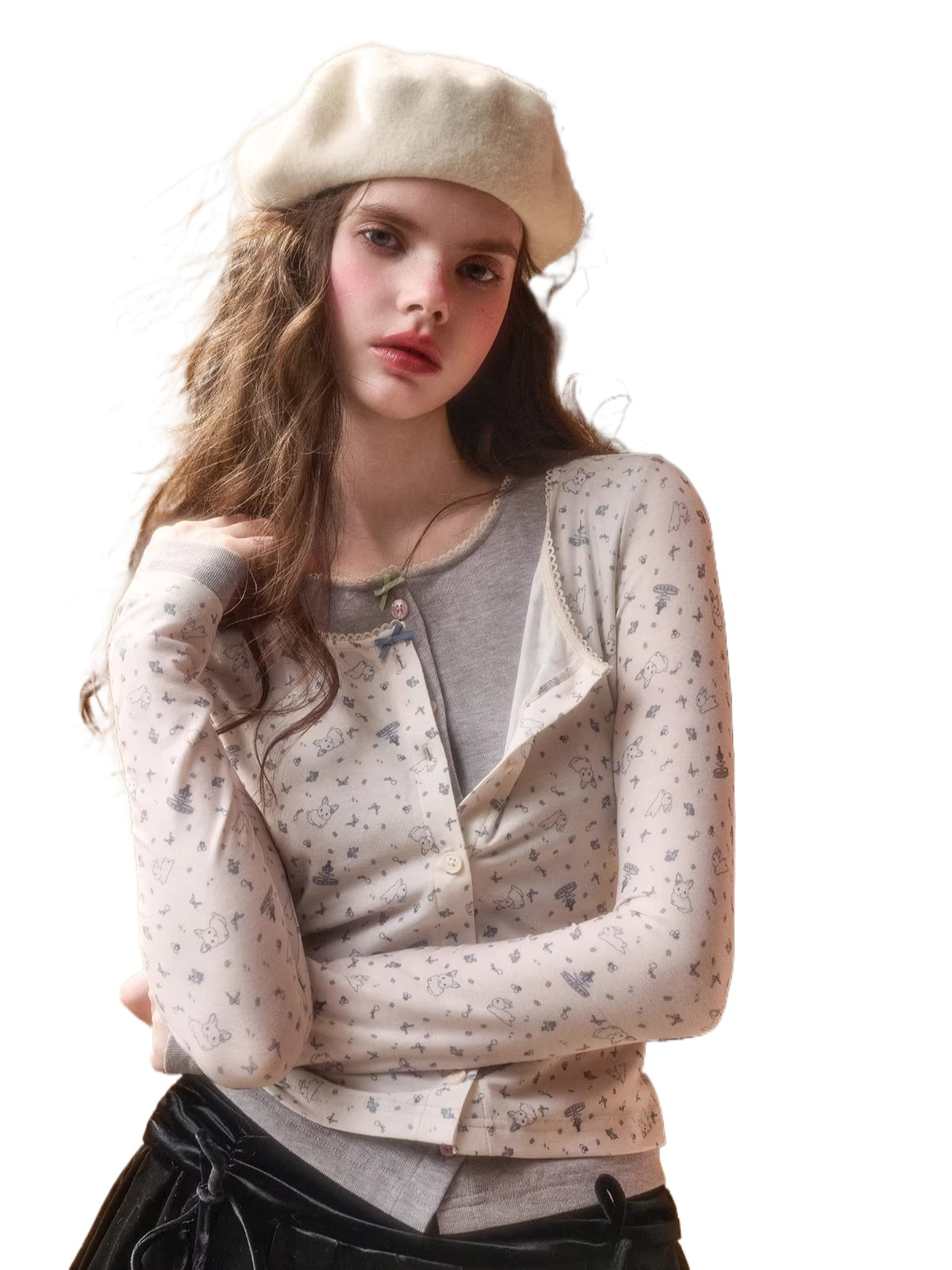 Cotton Layered-Effect Printed Cardigan