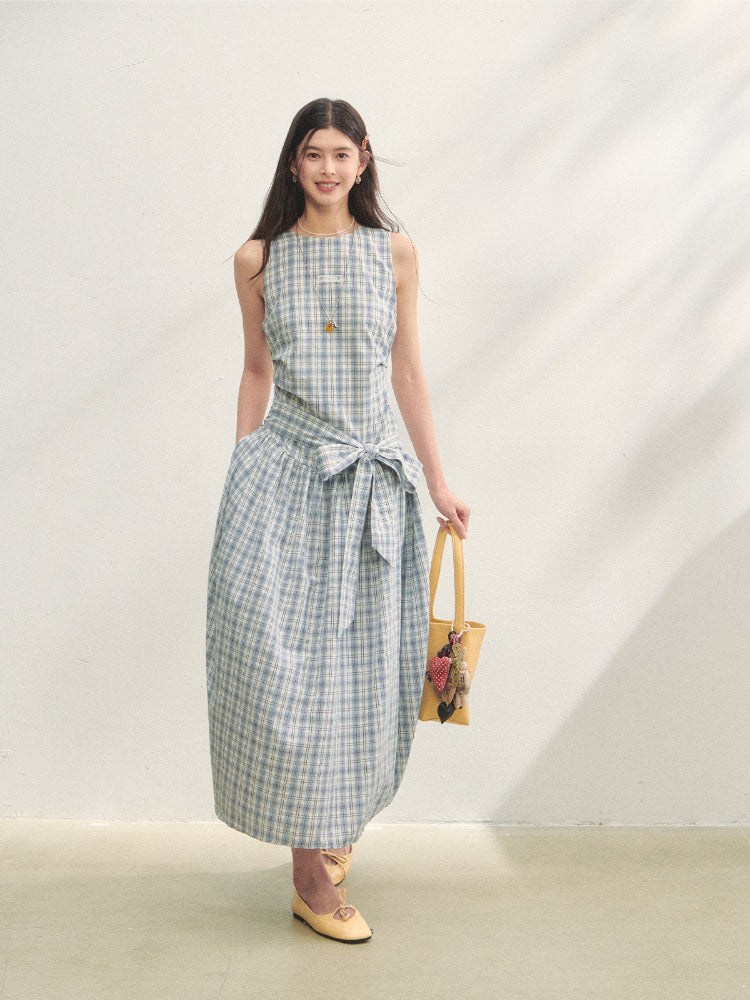 Belted Waist Checked Vest Dress - CHINASQUAD