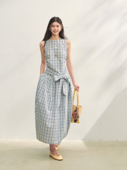 Belted Waist Checked Vest Dress - CHINASQUAD