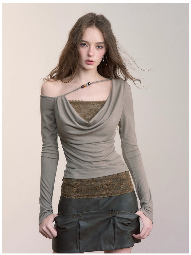 Fake Two-Piece Lace Off-Shoulder Beaded T-Shirt