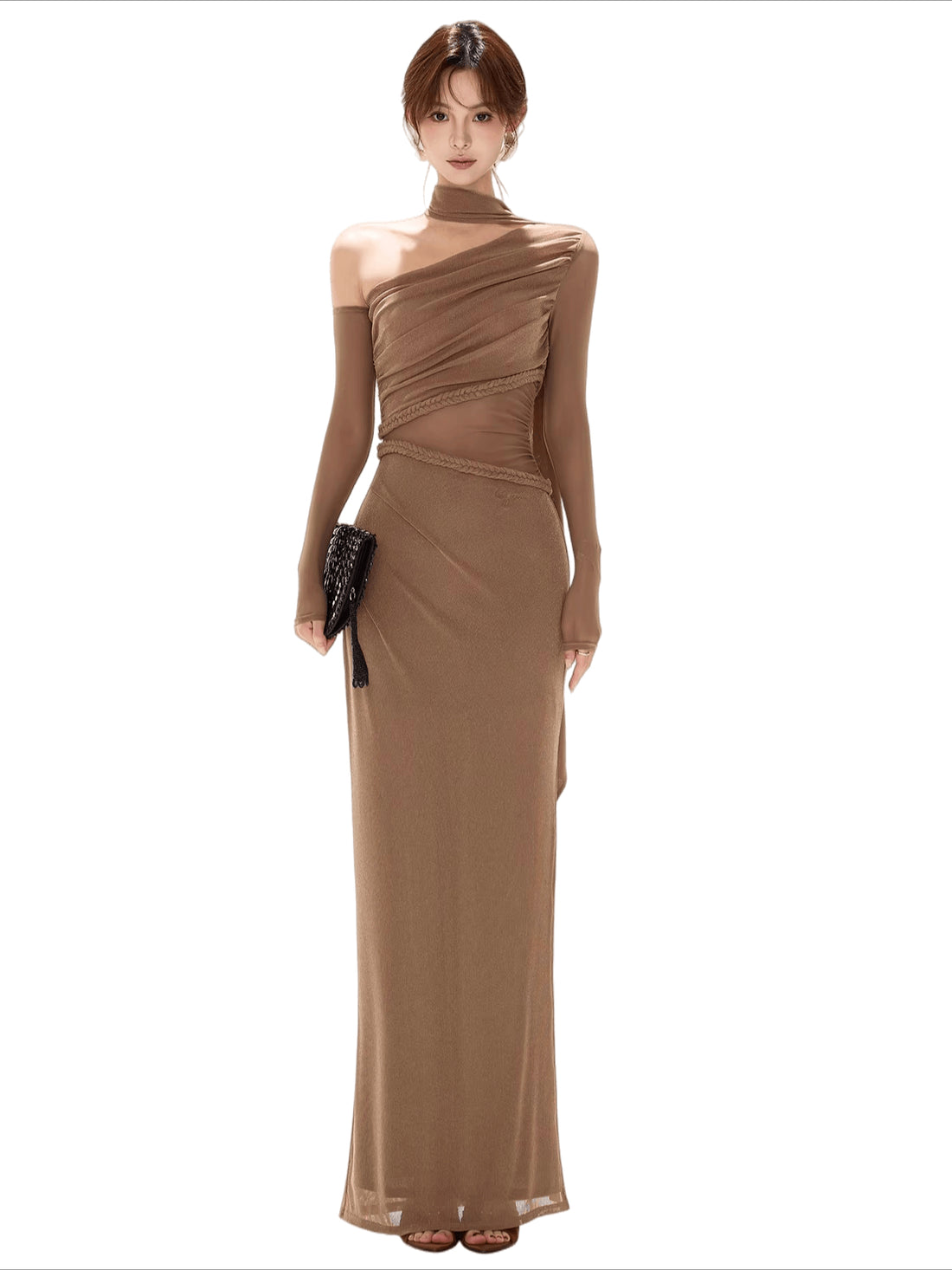 One-Shoulder Mesh Cut-Out Maxi Dress