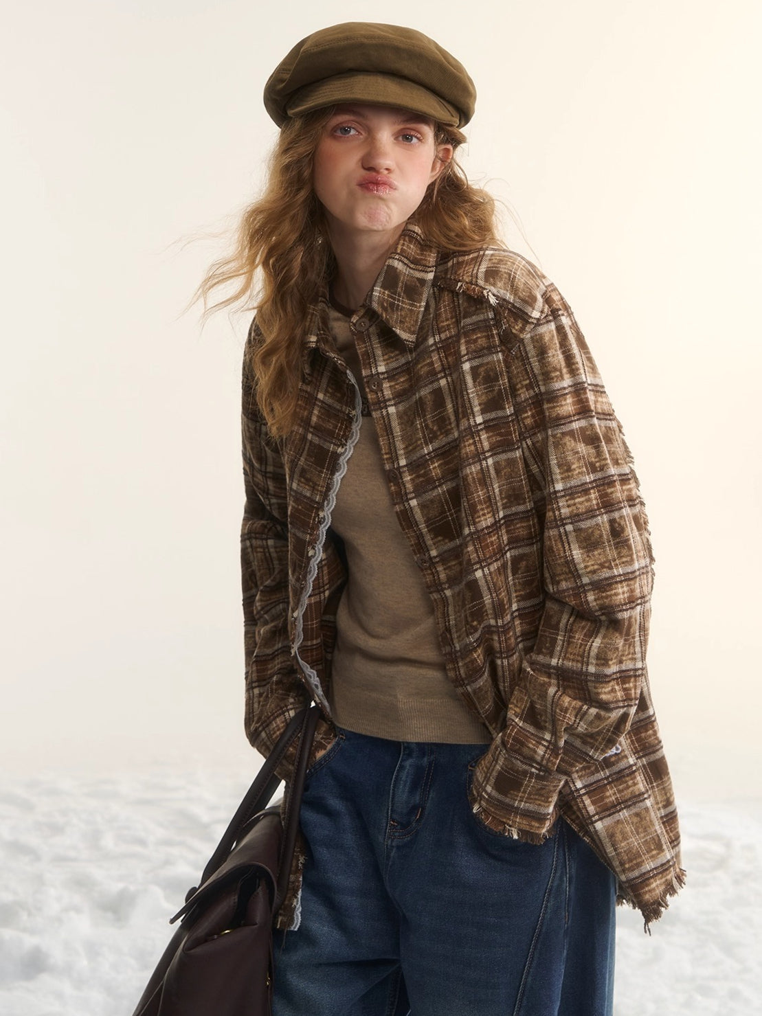 Oversized Lace-Trim Patchwork Plaid Shirt