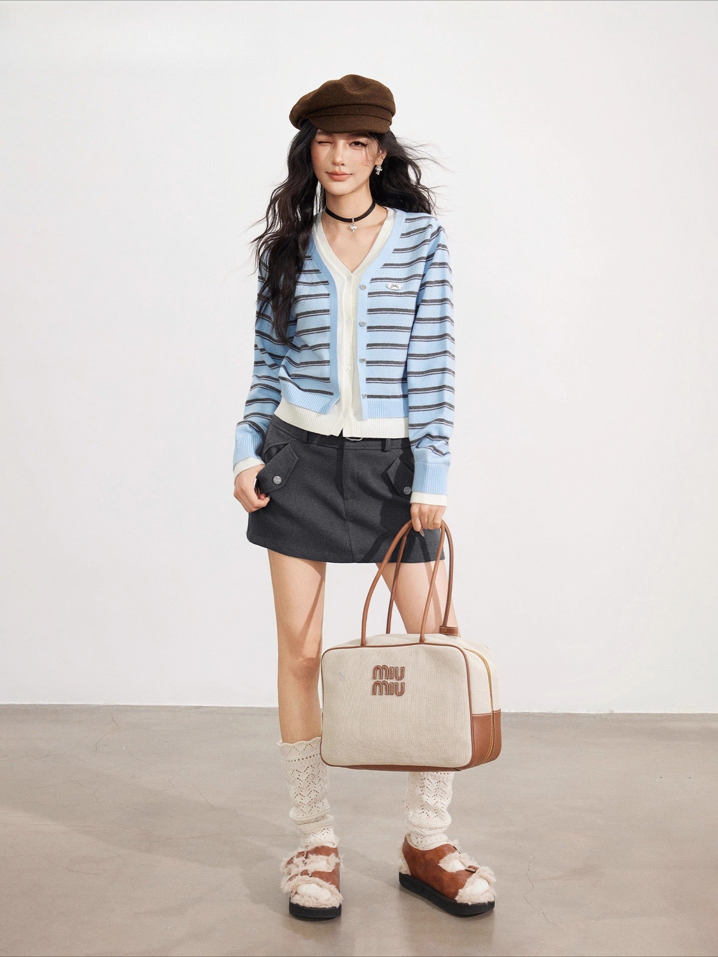 Striped Layered-Effect V-Neck Knit Cardigan