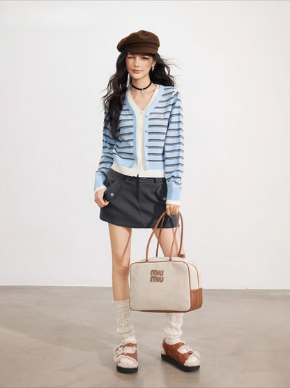 Striped Layered-Effect V-Neck Knit Cardigan