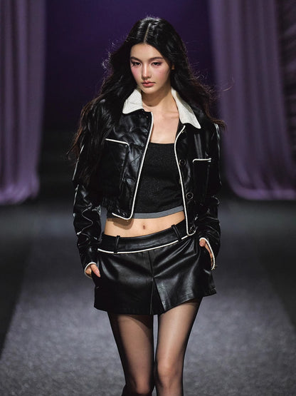 Contrast Trim Quilted Leather Jacket &amp; Skirt Set