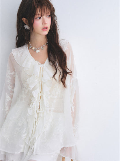 Embroidered Ruffle Chiffon Shirt &amp; Tiered Skirt Set