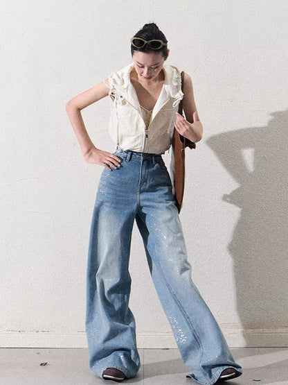 Cotton Silver-Splatter Wide-Leg Jeans