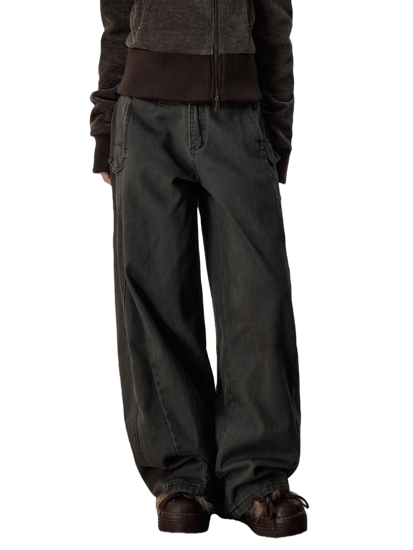 Vintage-Wash Curved Wide-Leg Pants