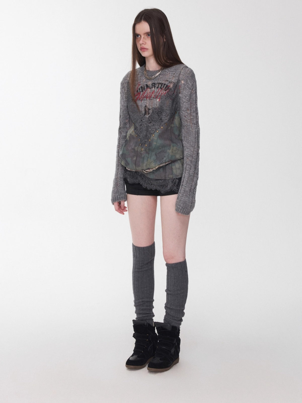 Camouflage V-Neck Lace-Trim Rhinestone Camisole