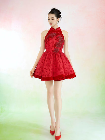 Red Embroidered Halter Flare Mini Dress