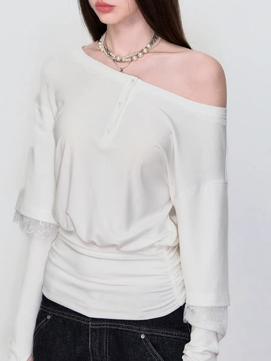 Asymmetric Lace-Panel Faux Layered T-Shirt
