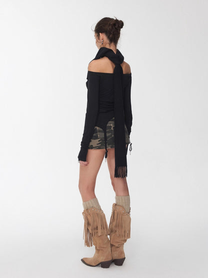 Crystal-Studded Boat-Neck Knit Blouse