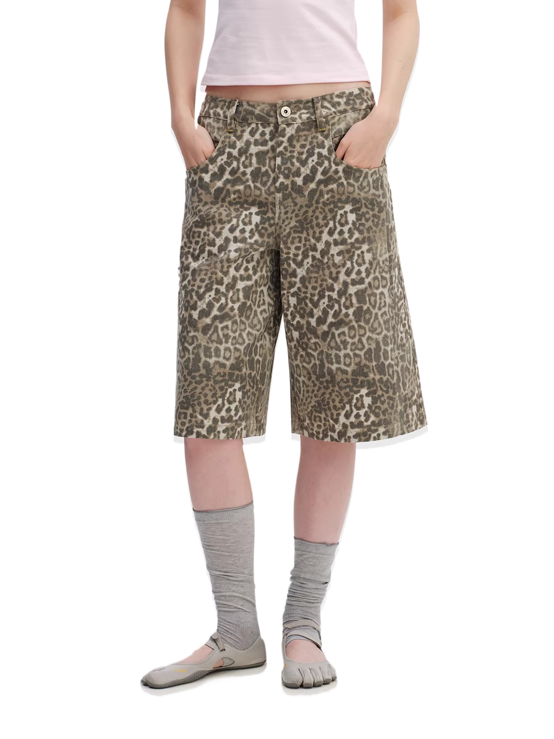 Vintage Leopard Print Relaxed Wide-Leg Bermuda Shorts